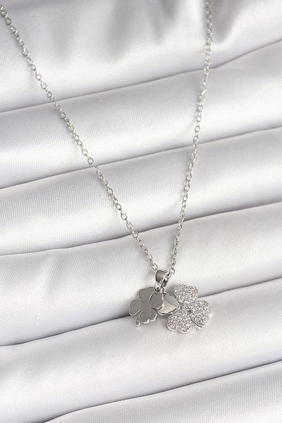 Skygo 316L Steel Silver Color Chain Dangle Zircon Stone Clover Model Women's Necklace - Tj-Bko9949