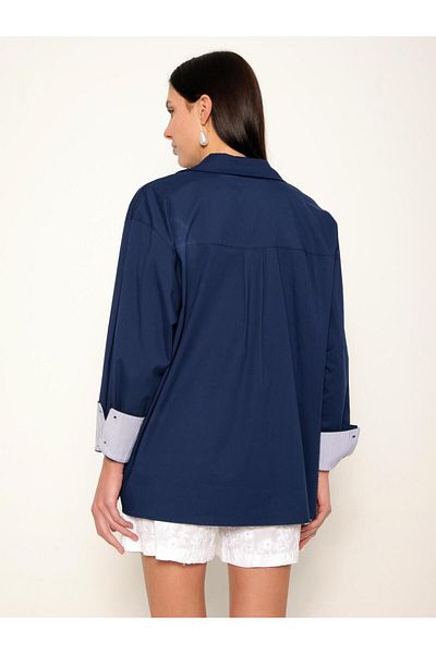 Coral Contrast Pocket Detailed Long Sleeve Poplin Shirt Navy Blue