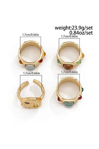 Takıtolia Umbre Gold Color - Stylish Design Vintage Multiple Adjustable Gold Ring Set with 4 Colorful Stones