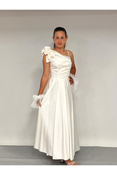 BUTİKHAPPYKİDS Rochie de seara pentru fete satin crem cu un singur umar din tul si detaliu din piatra Rochie de seara cu manusi 10-15 ani