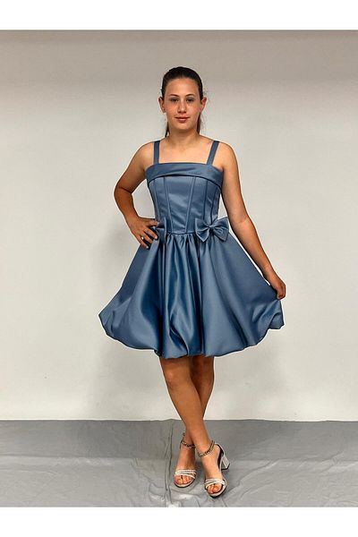 BUTİKHAPPYKİDS Girl's Evening Dress Indigo Strap Balloon Skirt Removable Bow Detailed Short Evening Dress 10-15 Years
