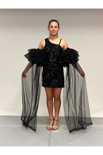 BUTİKHAPPYKİDS Girl's Evening Dress Black One Shoulder Asymmetrical Cut Sequin Sequin Embroidered Tulle Sleeve Detailed 10-15 Years