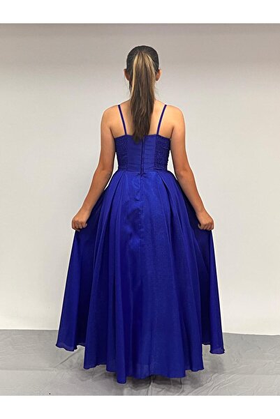 BUTİKHAPPYKİDS Kız Çocuk Abiye Saks Mavi Tafta Uzun Pül Payet İşlemeli Biyeli Korseli Abiye Elbise 10-15 Yaş