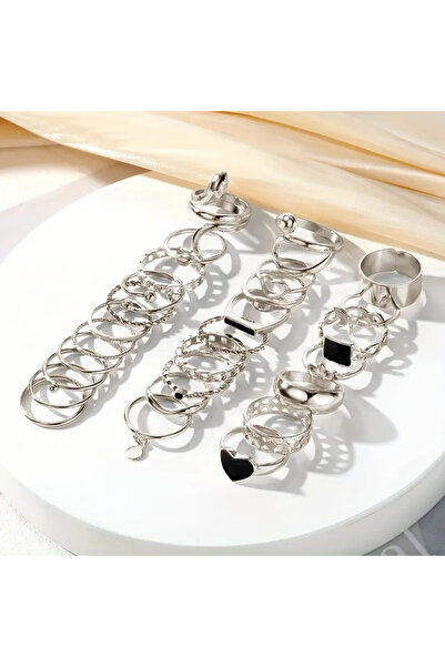 Takıtolia Miel Silver Colored- 25-27 Piece Black Stone Figured Stylish Design Vintage Multi Silver Gold Ring Set
