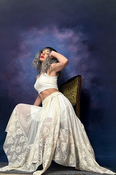 Quincey Ekru Lace Detail Tulle Asymmetric Skirt