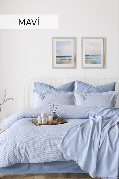 İyi Geceler İstanbul Maribell 100% Cotton Double Pique Duvet Cover Set Blue (7 Pieces)