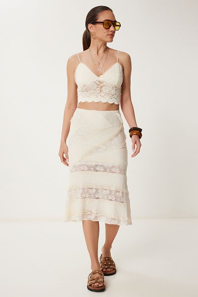 Lovelyİstanbul Fusta tricotată Midi cu dantelă CREAM LCR0075