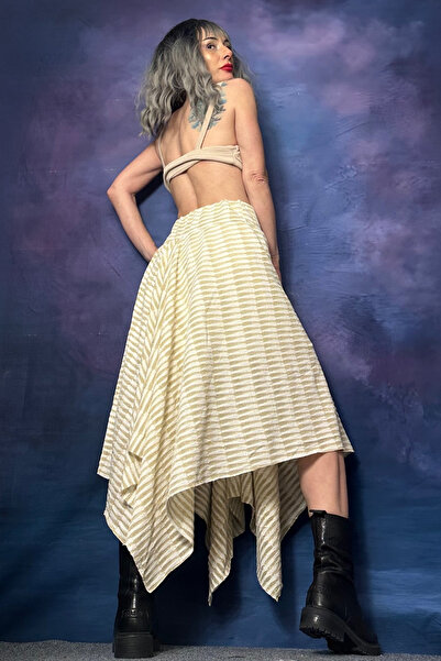 Quincey Silvery Knitwear Asymmetric Striped Beige Skirt