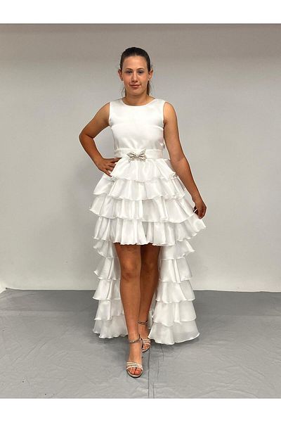 BUTİKHAPPYKİDS Girl's Evening Dress with Tiered Tail White Shiny Satin Belted Evening Dress 7-15 Years