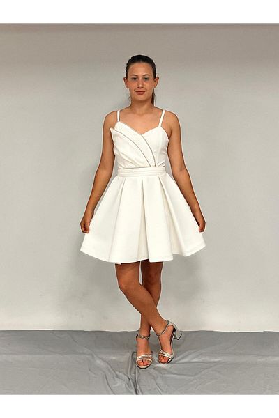BUTİKHAPPYKİDS Girl's Evening Dress Short Cream Crepe Fabric Strap Asymmetric Collar Ribbon Stone Detailed Erkut Abiye Elbise 1