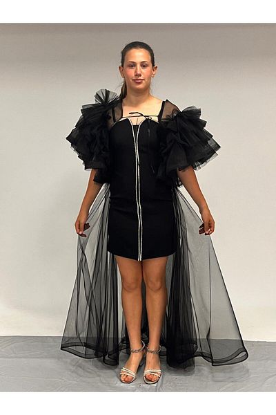 BUTİKHAPPYKİDS Girl's Evening Dress Black Crepe Fabric Strap Stone Stripe Embroidered Sleeves Flared Detachable Cape Detail