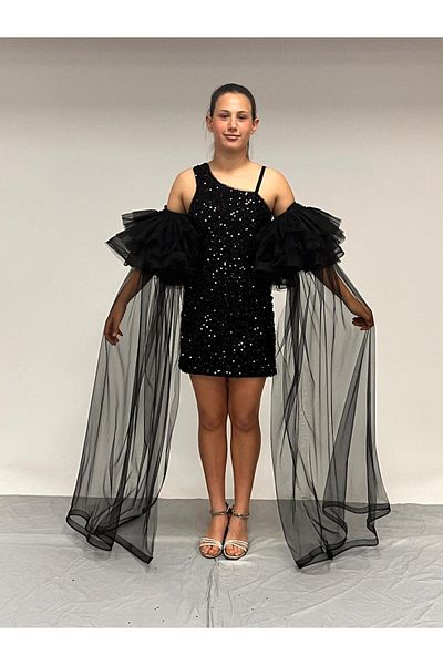 BUTİKHAPPYKİDS Girl's Evening Dress Black One Shoulder Asymmetrical Cut Sequin Sequin Embroidered Tulle Sleeve Detailed 10-15 Years