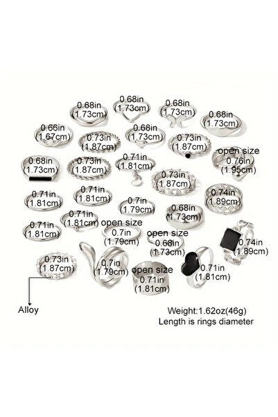 Takıtolia Miel Silver Colored- 25-27 Piece Black Stone Figured Stylish Design Vintage Multi Silver Gold Ring Set