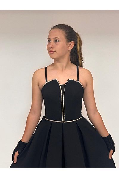BUTİKHAPPYKİDS Girl's Evening Dress Black Crepe Fabric Strap Cord Stone Detailed Illusion Collartulle Evening Dress with Gloves