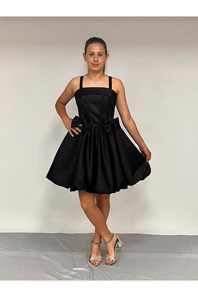 BUTİKHAPPYKİDS Girl's Evening Dress Black Strap Balloon Skirt Removable Bow Detailed Short Evening Dress 10-15 Years