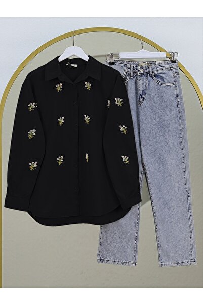 Modamorfo Cămașă lungă cu buchet de flori - neagră