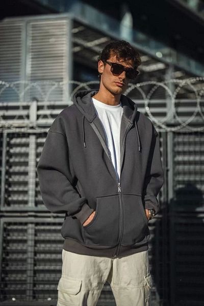 MODA    Oversize Full Zipper Long Sleeve Cardigan - Smoked