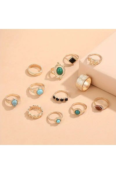 Takıtolia Myst Gold - Stylish Ethnic Design Vintage Multiple Gold Ring Set with 12 Colorful Green Stones