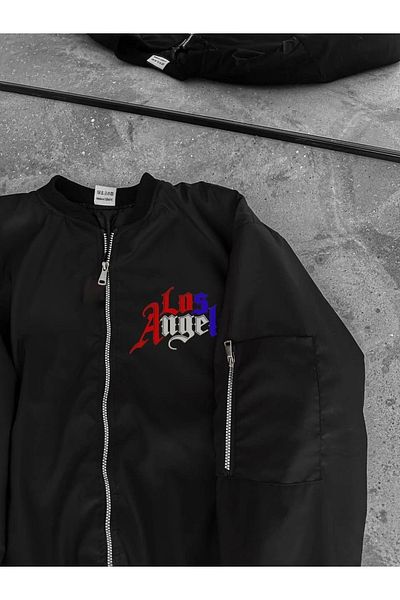 MODA Full Zippered Long Sleeve Printed Bomber Jacket - Black
