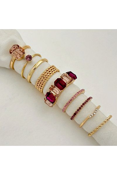 Takıtolia Vanta Gold Color - 9 Colorful Stones Stylish Design Vintage Multiple Gold Ring Set