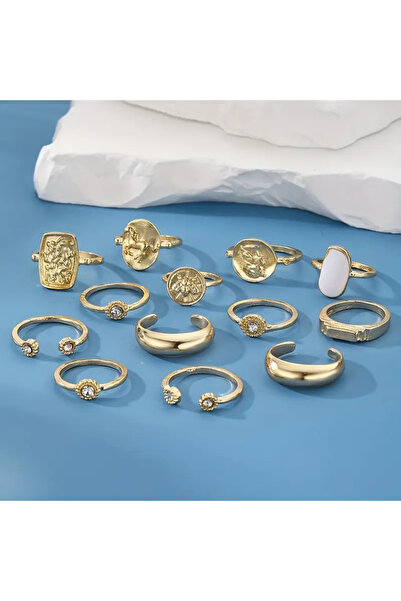 Takıtolia Stellis Gold - 13 Pieces Stylish Design Vintage Multiple Adjustable Gold Ring Set with Crystal Stone