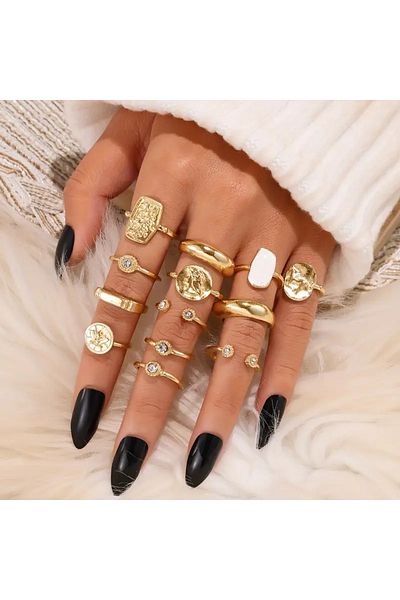 Takıtolia Stellis Gold - 13 Pieces Stylish Design Vintage Multiple Adjustable Gold Ring Set with Crystal Stone