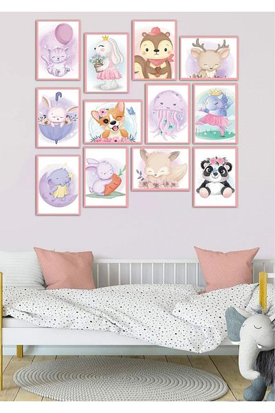 NT Handmade 12 Piece Girl's Room Wall Decor - Painting Set for Living Room Living Bed Children's Room