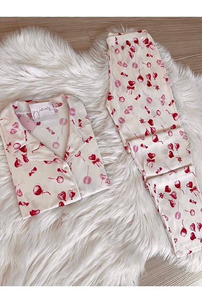 Pijamacs Ecru Heart Patterned Short Sleeve Pegasus Pajama Set