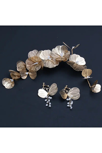 Eva Flore Gold Floral Bridal Hair Accessory Set Maternity and Engagement Hair Accessory and a Pair of Floral Earrings