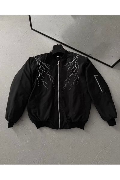 MODA Lightning Printed Long Sleeve Bomber Jacket - Black