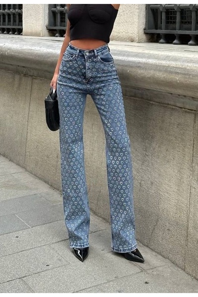 ADA MODA Blugi evazați elastici cu aplicații cu strasuri