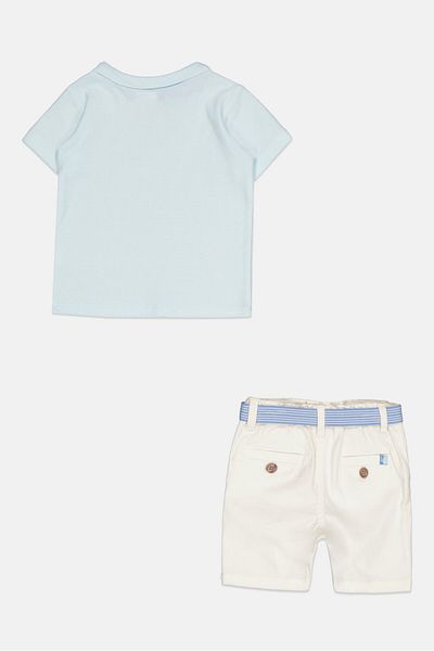 Fudo Toddlers Boy 2 Pcs Embroidered Logo Polo Shirt And Belted Shorts Set, White/sky Blue
