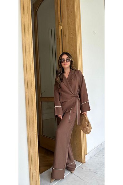FEMMESTUDIO Women's Brown Lace-Up Piping Detailed Kimono Elastic Waist Pants Set
