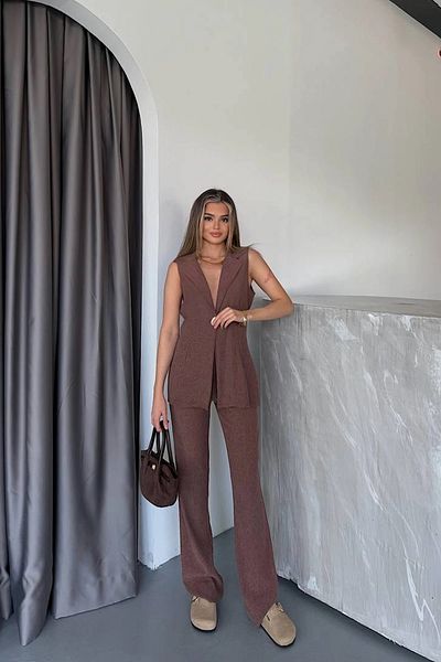 Lusin Women's Brown Stylish Button Detailed Tree Bark Fabric Vest Pants Bottom Top Two Piece Summer Suit