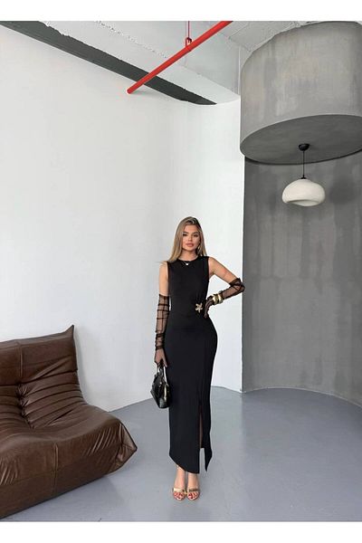 Lusin Γυναικείο Μαύρο Αμάνικο Κομψό Φόρεμα με Συρμένη Μέση