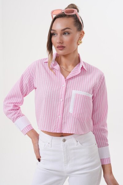 Laressi Csíkos Crop ing zsebekkel és mandzsettázott részletekkel