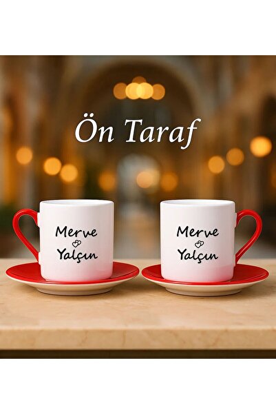 Bk Gift Kişiye Özel Kalpli İsimli 2'li Kırmızı Tabaklı Türk Kahvesi Fincan Ta...