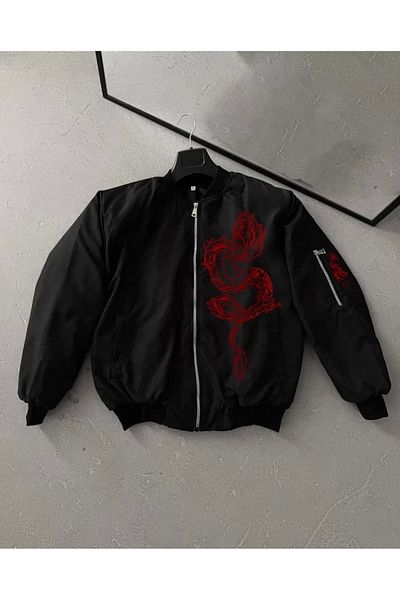 MODA Long Sleeve Dragon Printed Bomber Jacket with Full Zipper - Black