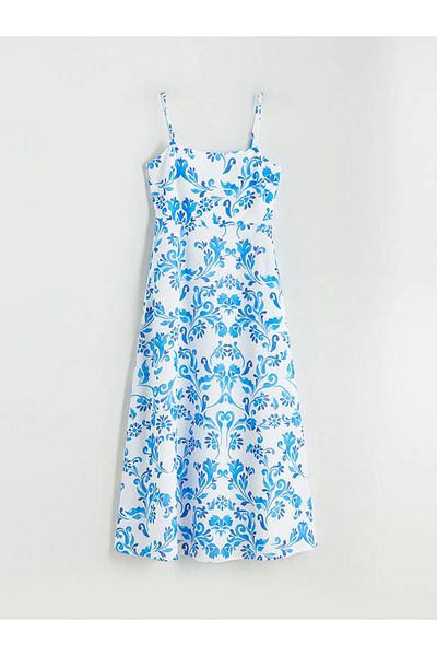 LC Waikiki Rochie LCW Vision cu aspect de in, cu guler pătrat albastru, cu bretele florale