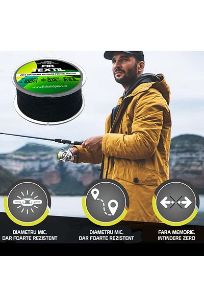 Fish & Paws Fir textil pentru pescuit Fish & Paws ® impletit in 4 fire, rezistent la abraziune si nod