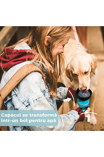 Fish & Paws Sticla portabila Fish & Paws ® de apa pentru Caini si Pisici, 2 in 1, cu 2 boluri pliabile