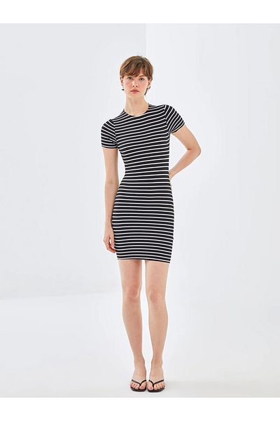 LC Waikiki Blai̇s Black Bicycle Neck Striped Short Sleeve Women's Bodycon Dress