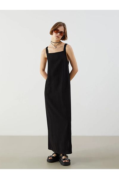 LC Waikiki Xside black square neck a-line linen blend dress