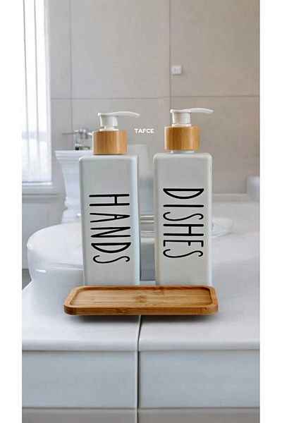 tafce Set of 2 White Glass Hands Dishes Soap Dispenser with Bamboo Base