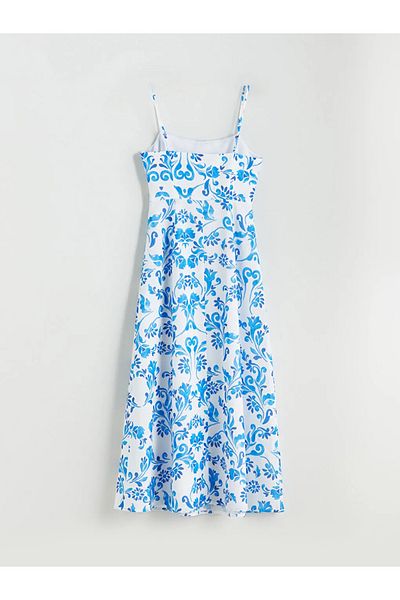 LC Waikiki Rochie LCW Vision cu aspect de in, cu guler pătrat albastru, cu bretele florale