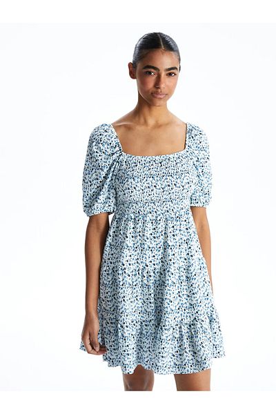 LC Waikiki Xside Blue Boat Neck Floral Women's Dress