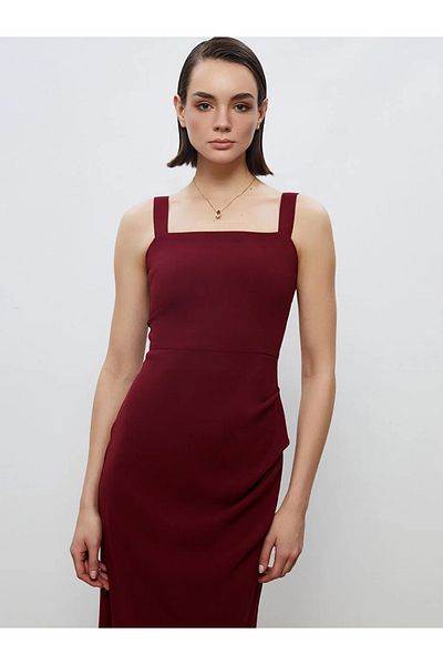 LC Waikiki Soulife Burgundy Square Neck Crepe Dress