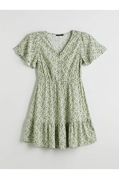 LC Waikiki Lcw Comfort Green V Neck Floral Mini Dress