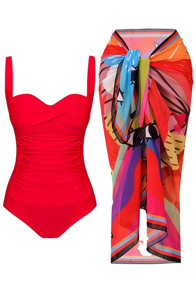 CUPSEA Women's Gathering Draped Red Swimsuit Rainbow Patterned Colorful Pareo Set of 2 Stylish and Slimming Effect