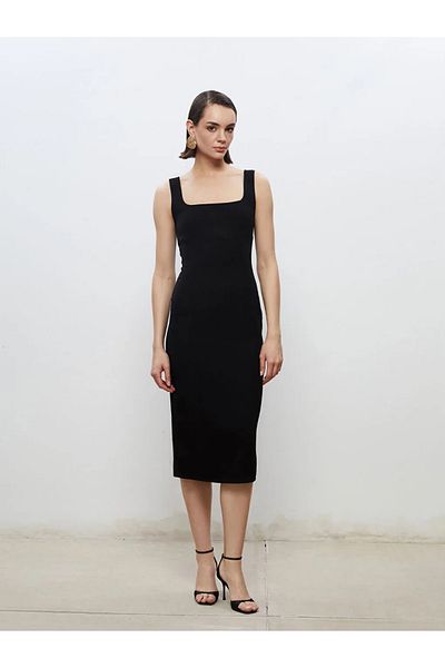 LC Waikiki Soulife Black Square Neck Crepe Dress